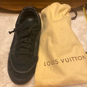 Louis Vuitton black sneakers size 9 1/3. Owner wears 10.5. Comes with shoe bags.